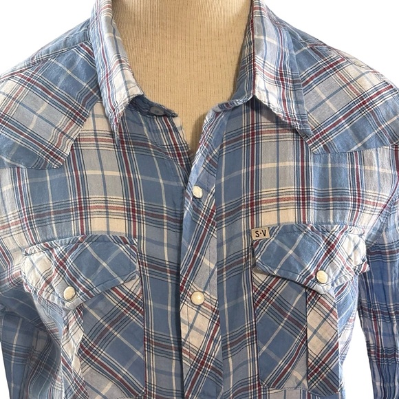 Salt Valley Western Plaid Snap Button Shirt Blue/Cream Long Sleeve Cotton Large - Picture 4 of 9